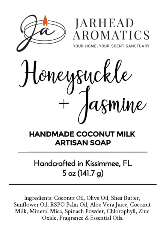 Jarhead Aromatics Honeysuckle + Jasmine Handmade Coconut Milk Artisan Soap | Fresh Floral Garden Soap Handcrafted in Kissimmee, FL, this artisan floral soap features natural ingredients and displays the Jarhead Aromatics logo at the top.