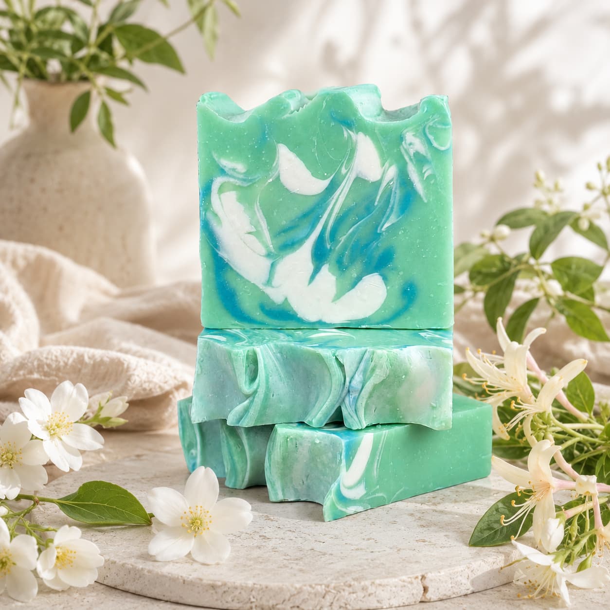 Three bars of Jarhead Aromatics’ Honeysuckle + Jasmine Handmade Coconut Milk Artisan Soap, featuring a marbled blend of green and white, are stacked on a stone surface amidst delicate white flowers and fresh greenery. In the softly blurred background, a beige vase and gentle fabric add to the inviting, botanical ambiance.