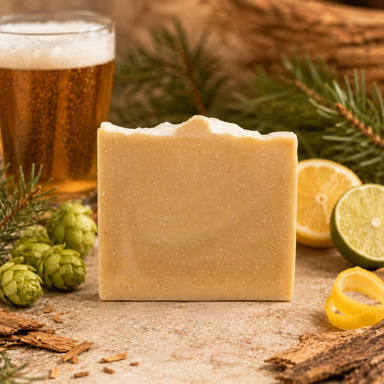A bar of IPA + Pine Handmade Craft Beer Artisan Soap by Jarhead Aromatics stands on a surface, surrounded by pine branches, hops, lemon, lime, and a glass of beer in the background, creating a rustic and fresh atmosphere that highlights its citrus pine and hops aroma.