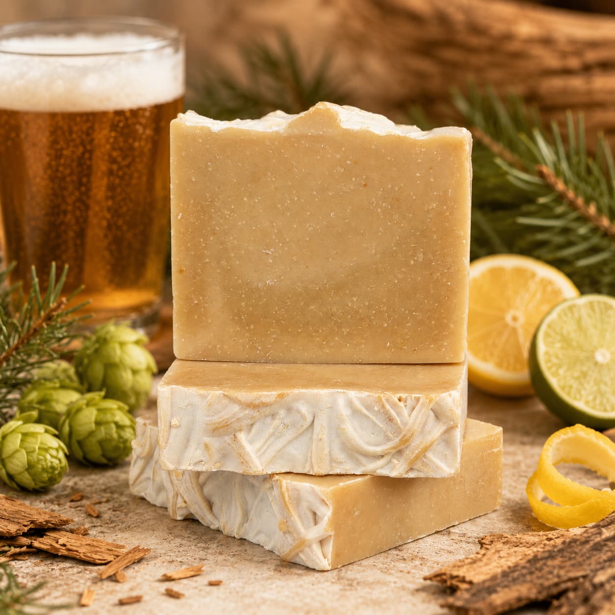 Three Jarhead Aromatics IPA + Pine Handmade Craft Beer Artisan Soap bars are stacked on a table, surrounded by fresh hops, lemon and lime halves, a glass of IPA craft beer, pine branches, and pieces of wood in the background.