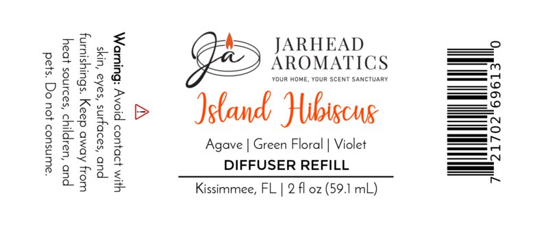 Jarhead Aromatics Island Hibiscus Diffuser Refill label highlights a tropical melon, lime, and floral scent. It includes warning text, barcode, 2 fl oz size, company logo, and Kissimmee, FL location.