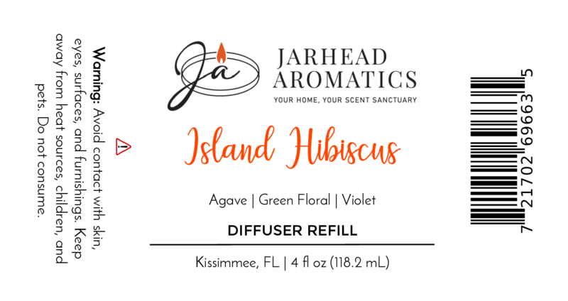 Label for Jarhead Aromatics Island Hibiscus Diffuser Refill, 4 fl oz. Features tropical melon, lime & floral fragrance. Includes warning text, barcode, address in Kissimmee, FL. Logo at top left.