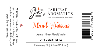 Label for Jarhead Aromatics Island Hibiscus Diffuser Refill, 4 fl oz. Features tropical melon, lime & floral fragrance. Includes warning text, barcode, address in Kissimmee, FL. Logo at top left.