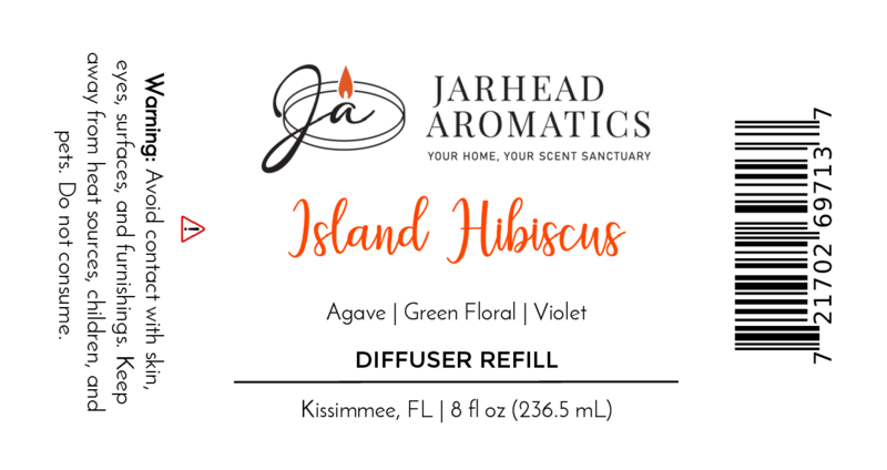Jarhead Aromatics Island Hibiscus Diffuser Refill label features safety warnings, company logo, tropical melon, lime & floral fragrance notes, 8 fl oz size, and Kissimmee, FL location in black, orange, and gray text.