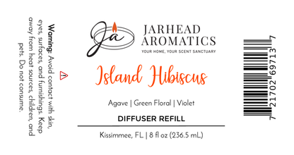 Jarhead Aromatics Island Hibiscus Diffuser Refill label features safety warnings, company logo, tropical melon, lime & floral fragrance notes, 8 fl oz size, and Kissimmee, FL location in black, orange, and gray text.
