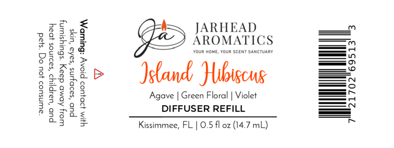 Jarhead Aromatics Island Hibiscus Cold Air Diffuser Refill label with logo, tropical floral & melon scent notes, 0.5 fl oz/14.7 ml size, warning, cold air diffuser oil info; made in Kissimmee, FL.
