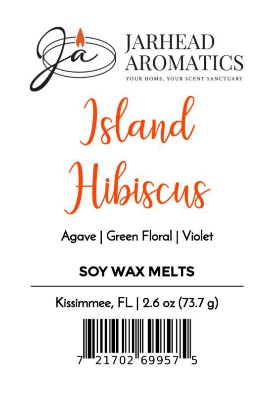 Label for Jarhead Aromatics Island Hibiscus Soy Wax Melt | Tropical Floral & Melon Wax Melts—long-lasting soy wax with a blend of agave, green floral, violet, and melon. 2.6 oz. Kissimmee, FL. Barcode at the bottom.
