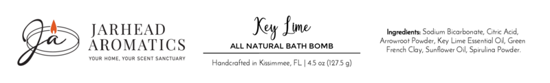 The Jarhead Aromatics Key Lime Bath Bomb - All Natural features a 4.5 oz label with a full ingredient list and the slogan YOUR HOME, YOUR SECRET SANCTUARY. Enjoy this cruelty-free bath experience made with natural ingredients.