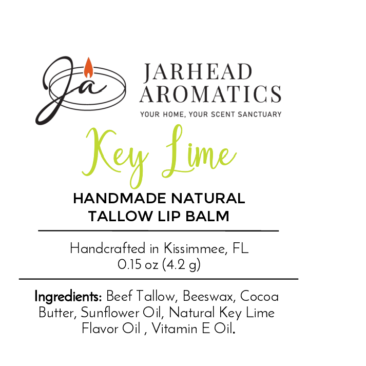 Jarhead Aromatics Tallow Handmade Natural Lip Balm - Assorted Flavors, Key Lime. 0.15 oz (4.2g). Made in Kissimmee, FL with beef tallow, beeswax, cocoa butter, sunflower oil, key lime flavor & vitamin E oil.