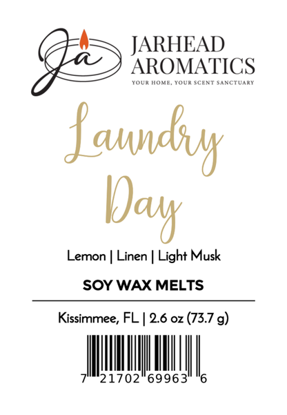 Jarhead Aromatics Laundry Day Soy Wax Melt | Fresh Linen & Clean Cotton scent with lemon, linen, and light musk. Net wt. 2.6 oz | Kissimmee, FL | Barcode included. Logo at top.