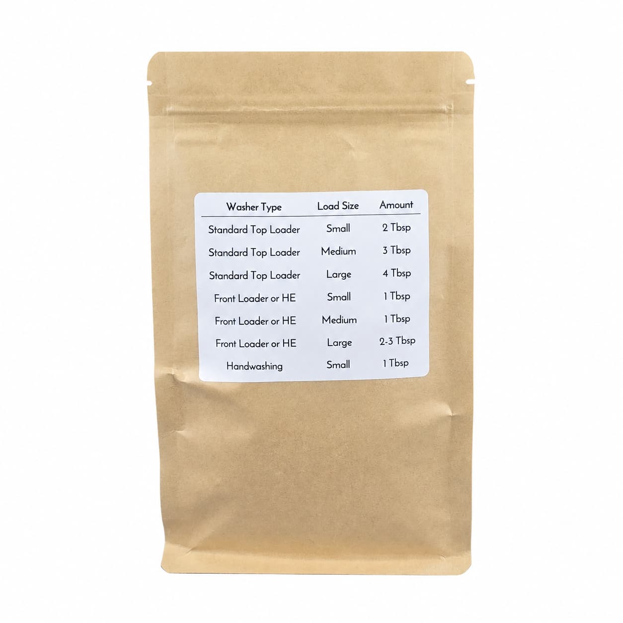 Packaged in a brown resealable pouch, Jarhead Aromatics' Fragrance-Free Handmade Natural Laundry Soap comes with a sticker chart detailing detergent measurements for different washer types and load sizes, along with clear instructions for standard machines, HE washers, and handwashing. This unscented powdered laundry detergent is entirely natural and fragrance-free, making it an ideal option for sensitive skin.