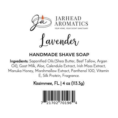 Jarhead Aromatics Lavender Handmade Shave Soap | Beef Tallow & Goat Milk. Perfect for wet shaving, enriched with shea butter, goat milk, honey & more. Net wt 4 oz (113.3g). Made in Kissimmee, FL. Includes barcode.