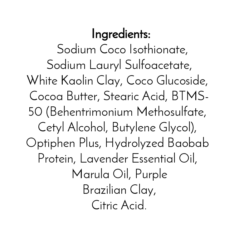 The ingredient list for Jarhead Aromatics’ Lavender Handmade Shampoo & Conditioner Bar—including Sodium Coco Isothionate, white kaolin clay, cocoa butter, and lavender oil—appears in black text on a white background. Ideal for zero-waste hair care.