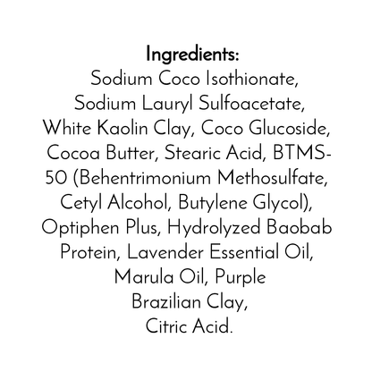 The ingredient list for Jarhead Aromatics’ Lavender Handmade Shampoo & Conditioner Bar—including Sodium Coco Isothionate, white kaolin clay, cocoa butter, and lavender oil—appears in black text on a white background. Ideal for zero-waste hair care.