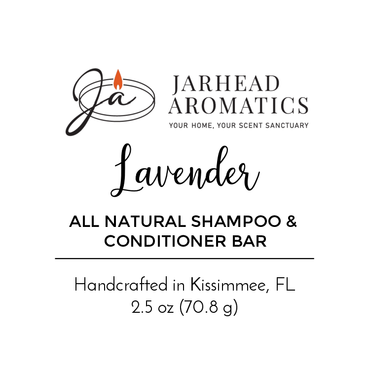 Jarhead Aromatics Lavender Handmade Shampoo & Conditioner Bar – All Natural, your zero-waste hair care choice, handcrafted in Kissimmee, FL. Net weight: 2.5 oz (70.8 g). Logo: "Ja" with a flame above the "a.
