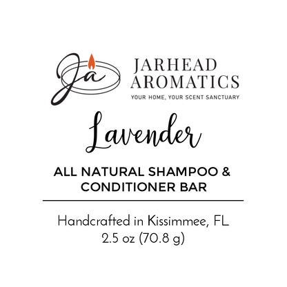 Jarhead Aromatics Lavender Handmade Shampoo & Conditioner Bar – All Natural, your zero-waste hair care choice, handcrafted in Kissimmee, FL. Net weight: 2.5 oz (70.8 g). Logo: "Ja" with a flame above the "a.