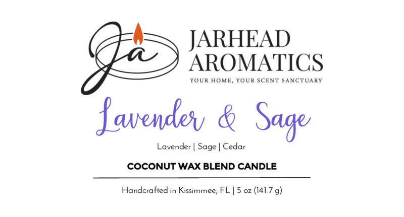 A Jarhead Aromatics Lavender & Sage - Coconut Wax Blend Candle from the Timeless Collection, made with premium fragrance oil for a spa-like scent. Handcrafted in Kissimmee, FL; 5 oz (141.7 g).