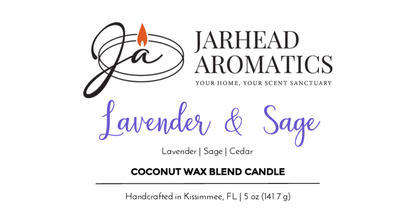 A Jarhead Aromatics Lavender & Sage - Coconut Wax Blend Candle from the Timeless Collection, made with premium fragrance oil for a spa-like scent. Handcrafted in Kissimmee, FL; 5 oz (141.7 g).