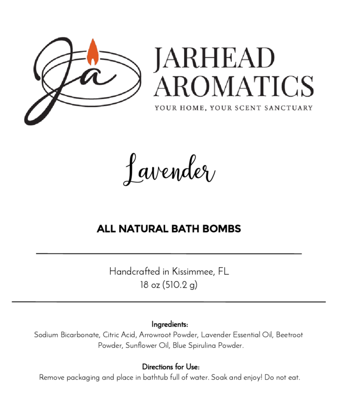 Product label for Jarhead Aromatics Patchouli Bath Bomb - All Natural. Handcrafted in Kissimmee, FL. Net weight: 18 oz. Ingredients and usage directions are provided below the product name and description.