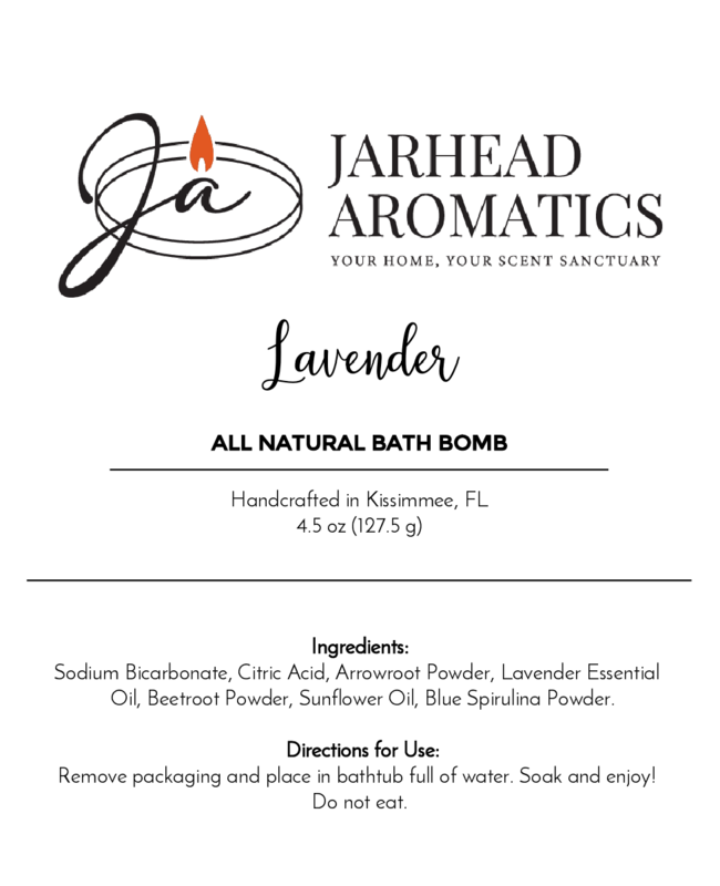 Product label for Jarhead Aromatics Patchouli Bath Bomb - All Natural. Includes ingredients, usage directions, and a flame logo with handwritten “Ja” at the top. Enjoy this soothing, natural bath bomb experience.