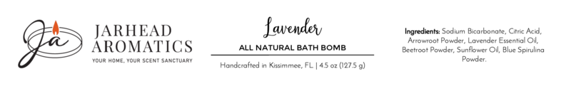 Label for Jarhead Aromatics Patchouli All Natural Bath Bomb—cruelty-free with listed ingredients. Handcrafted in Kissimmee, FL. Net wt 4.5 oz (127.5 g).