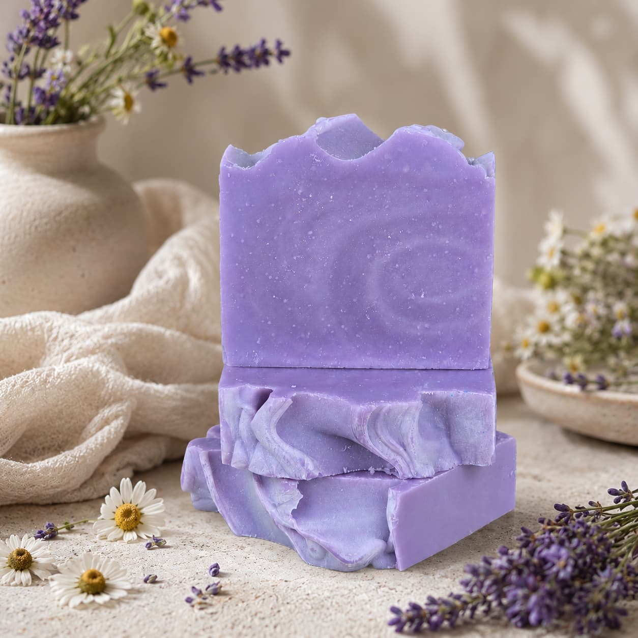 Three lavender-toned bars of Jarhead Aromatics Lavender + Chamomile Handmade Coconut Milk Artisan Soap are stacked among fresh lavender, chamomile flowers, and neutral pottery, with a soft beige cloth in the background. The calming scene evokes a natural spa-like atmosphere—perfect for highlighting this soothing herbal floral soap.