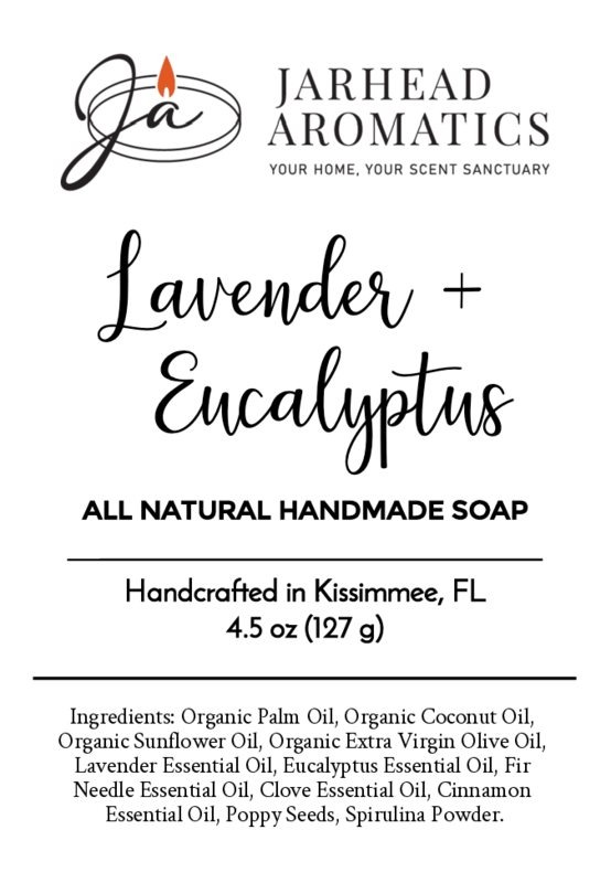White label for Jarhead Aromatics’ Lavender + Eucalyptus Handmade Soap – All Natural (4.5 oz), crafted in Kissimmee, FL. Features clean black text listing natural skincare ingredients on a white background.
