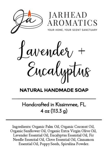 Product label for Jarhead Aromatics Lavender + Eucalyptus Natural Handmade Soap | Exfoliating Poppy Seed Bar Soap, detailing ingredients including organic oils, essential oils, poppy seeds, and spirulina powder.
