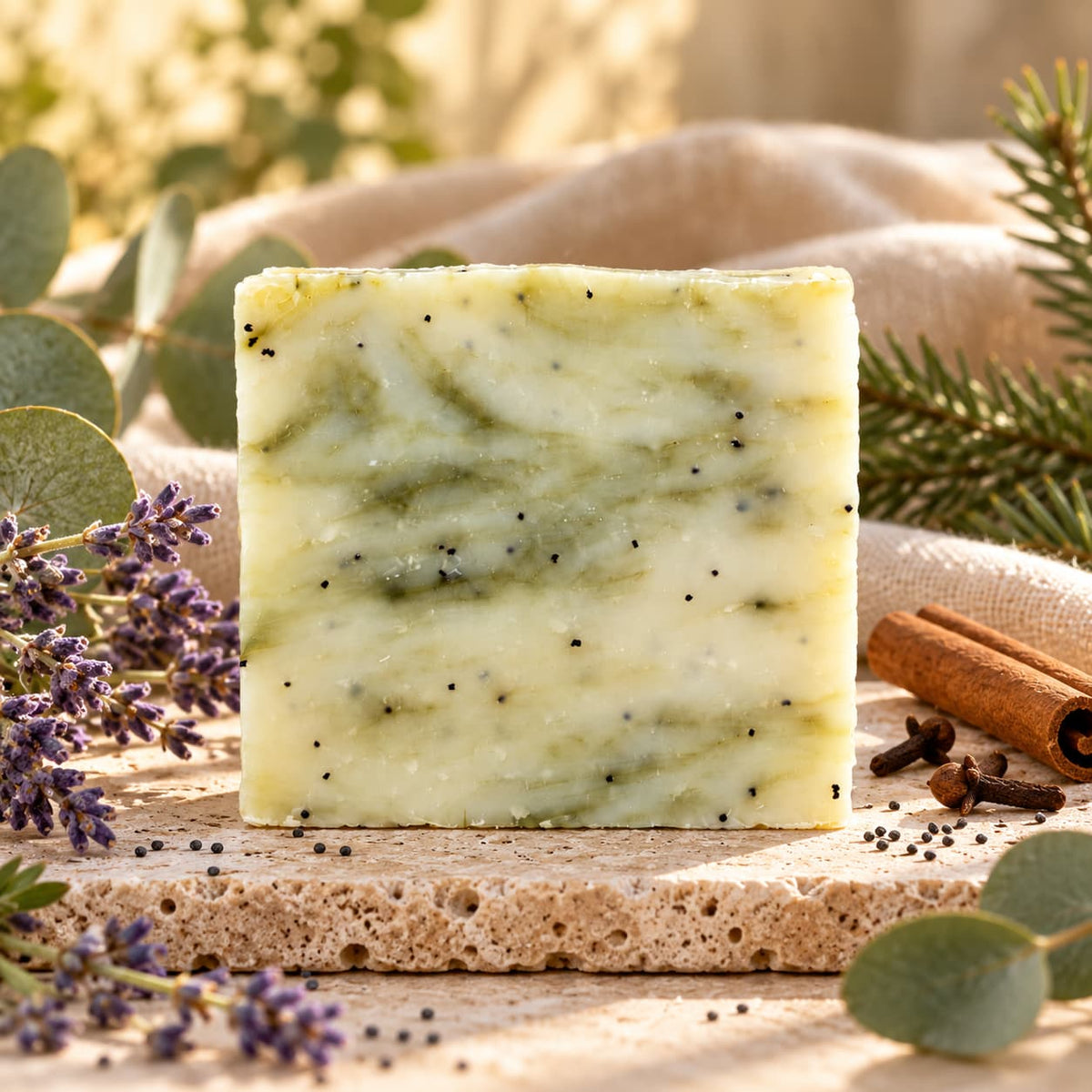 A square Lavender + Eucalyptus Natural Handmade Soap | Exfoliating Poppy Seed Bar Soap by Jarhead Aromatics, marbled in green and speckled with poppy seeds, rests on stone surrounded by lavender, eucalyptus, cinnamon, and cloves.