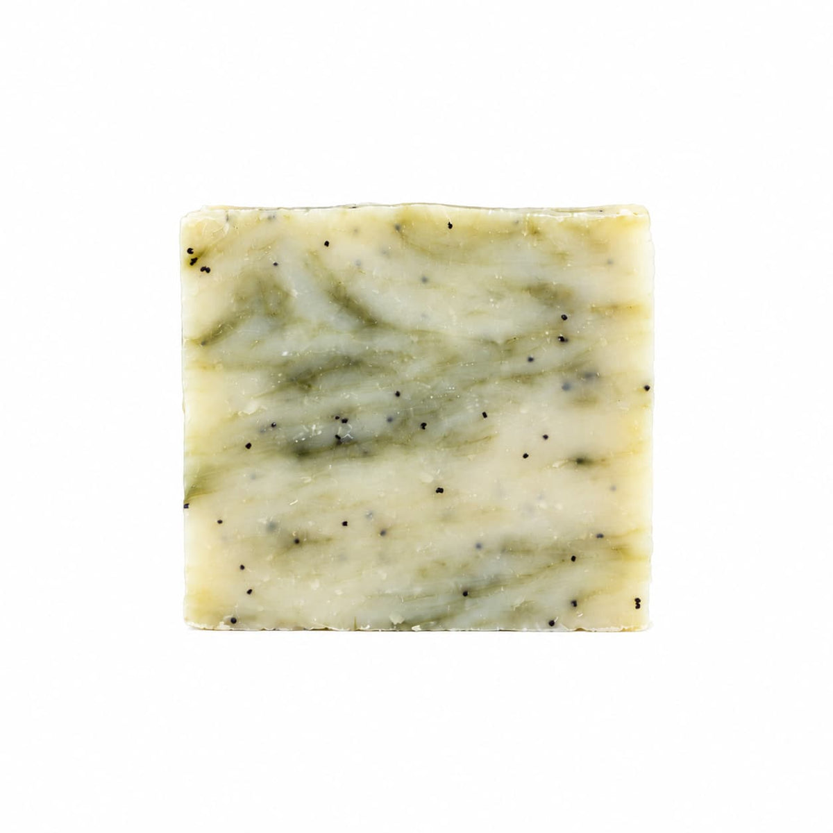 A square bar of Jarhead Aromatics Lavender + Eucalyptus Natural Handmade Soap with a marbled off-white and green finish, speckled throughout with small dark poppy seeds.