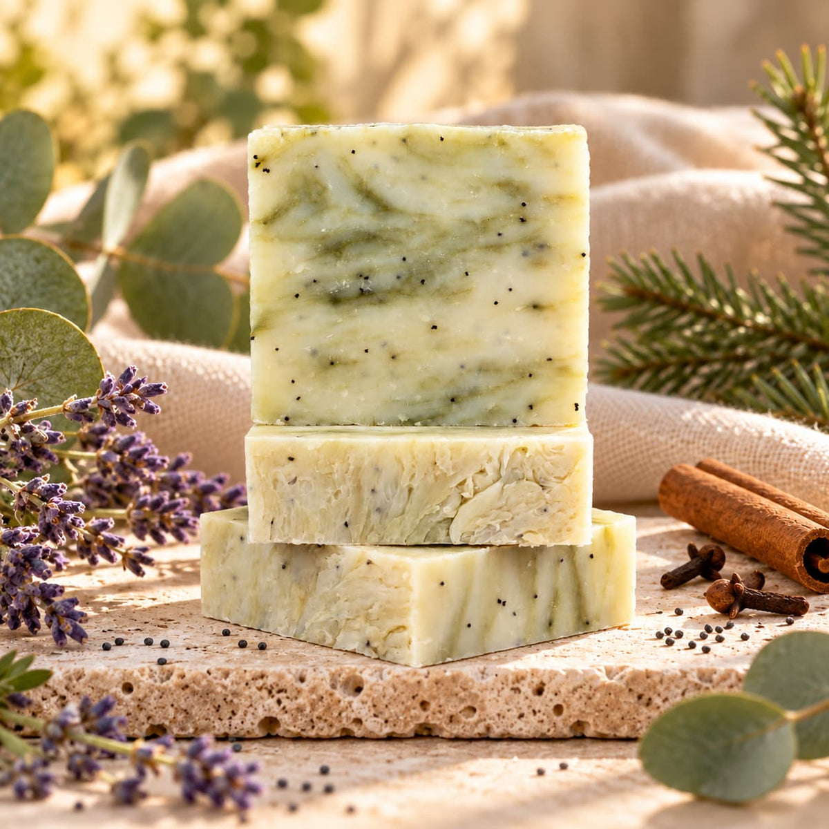 A stack of three Lavender + Eucalyptus Natural Handmade Soap | Exfoliating Poppy Seed Bar Soap bars surrounded by lavender sprigs, cinnamon sticks, and eucalyptus leaves.
