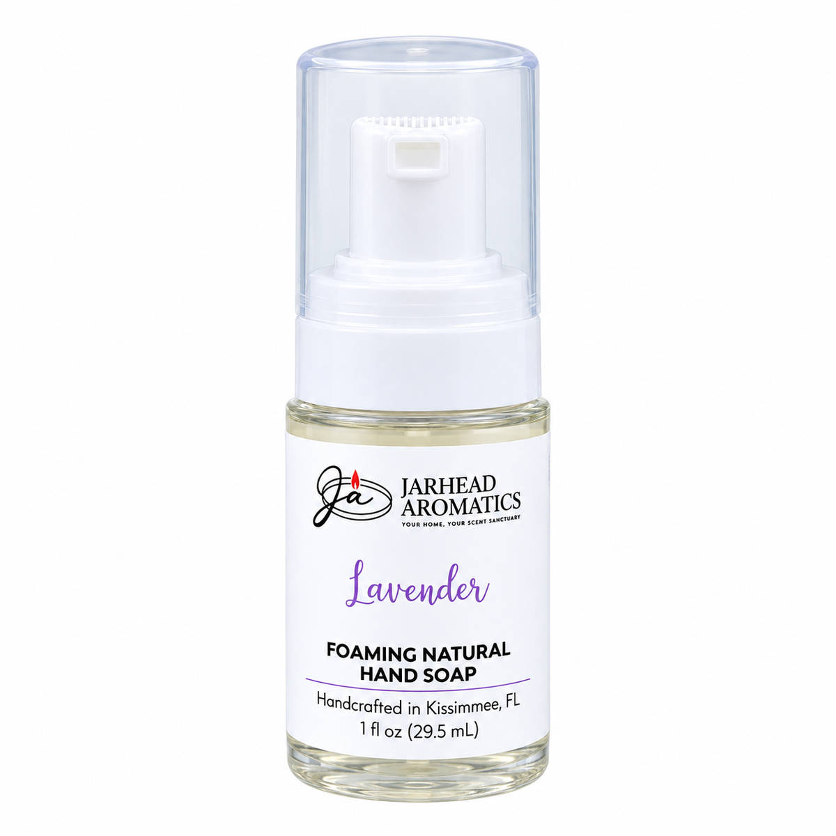 Small pump bottle of Lavender Handmade Foaming Natural Hand Soap, made with lavender essential oil and aloe vera.