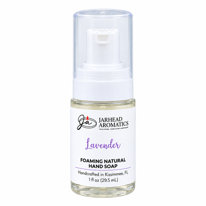 Small pump bottle of Lavender Handmade Foaming Natural Hand Soap, made with lavender essential oil and aloe vera.
