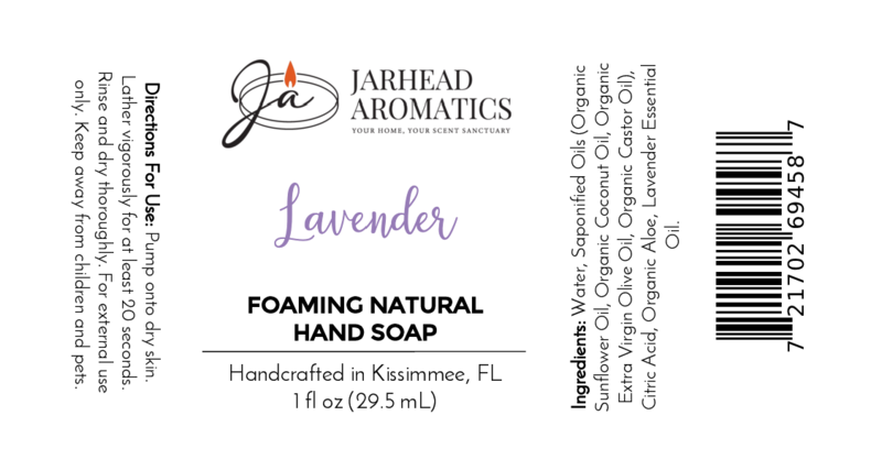 Product label for Jarhead Aromatics Lavender Handmade Foaming Natural Hand Soap, showing the brand name, ingredients, directions for use, volume, and a barcode.