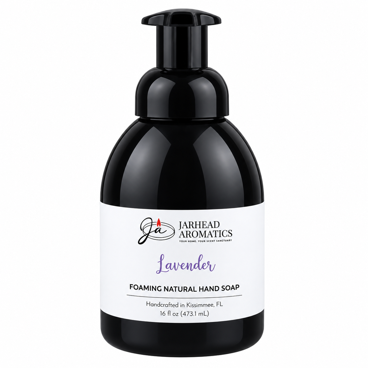 Black plastic bottle of Jarhead Aromatics Lavender Handmade Foaming Natural Hand Soap with a white label.