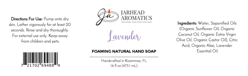 Product label for Jarhead Aromatics Lavender Handmade Foaming Natural Hand Soap | Lavender Essential Oil & Aloe Vera, showing usage instructions, an ingredient list, a barcode, and the location of manufacture.