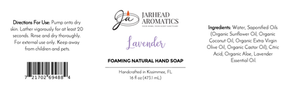 Product label for Jarhead Aromatics Lavender Handmade Foaming Natural Hand Soap | Lavender Essential Oil & Aloe Vera, showing usage instructions, an ingredient list, a barcode, and the location of manufacture.