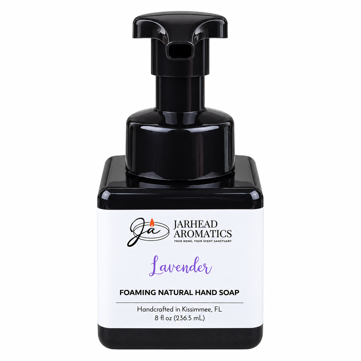Square bottle of Jarhead Aromatics Lavender Handmade Foaming Natural Hand Soap | Lavender Essential Oil & Aloe Vera with a black pump dispenser and a label featuring the text Lavender and Foaming Natural Hand Soap.