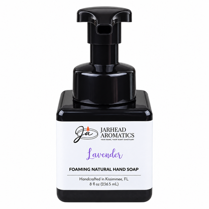 Square bottle of Jarhead Aromatics Lavender Handmade Foaming Natural Hand Soap | Lavender Essential Oil & Aloe Vera with a black pump dispenser and a label featuring the text Lavender and Foaming Natural Hand Soap.