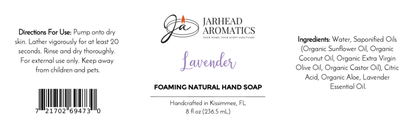 Product label for Jarhead Aromatics Lavender Handmade Foaming Natural Hand Soap, including directions for use, a list of ingredients, and a barcode.