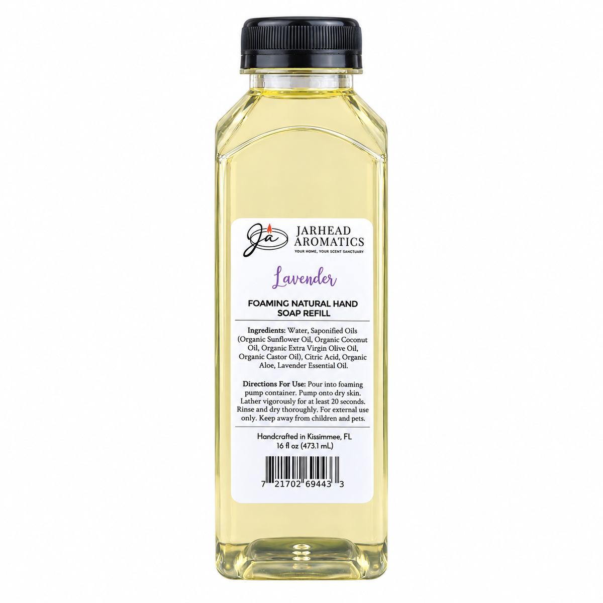 A clear plastic bottle of Jarhead Aromatics Lavender Handmade Foaming Natural Hand Soap, featuring a black cap and a white label with ingredients, directions, and a barcode.