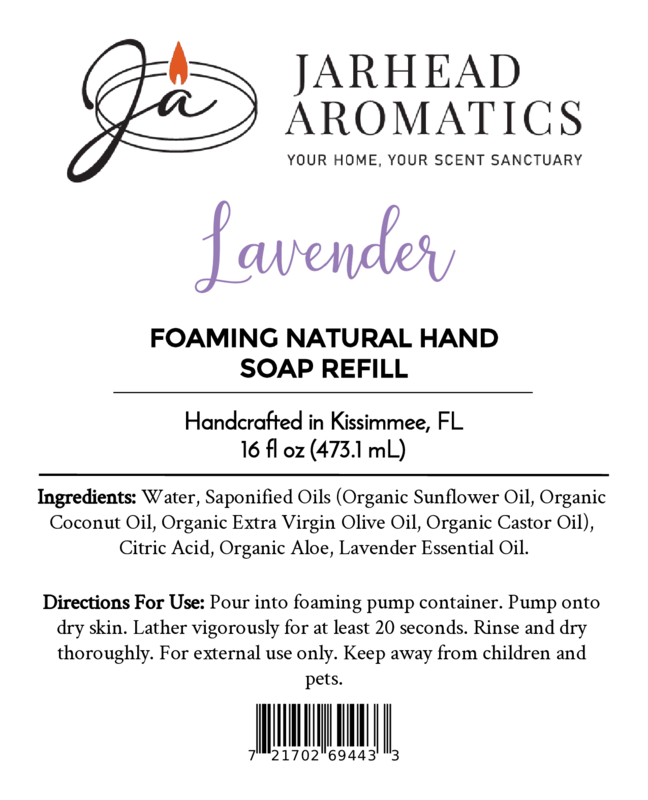 Product label for a Jarhead Aromatics Lavender Handmade Foaming Natural Hand Soap refill, detailing the natural ingredients, usage directions, and volume.