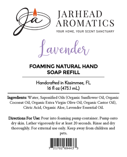 Product label for a Jarhead Aromatics Lavender Handmade Foaming Natural Hand Soap refill, detailing the natural ingredients, usage directions, and volume.