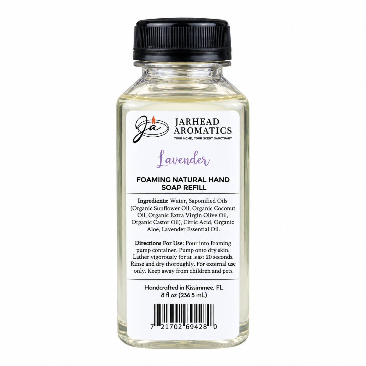A clear plastic bottle of Jarhead Aromatics Lavender Handmade Foaming Natural Hand Soap refill, featuring a black cap and a white label detailing ingredients and usage instructions.