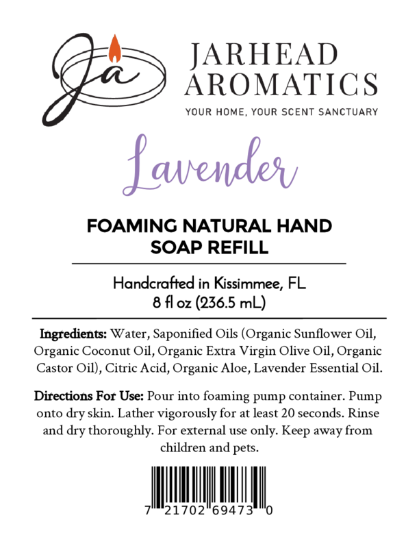 Product label for Jarhead Aromatics Lavender Handmade Foaming Natural Hand Soap, showing ingredients, usage directions, and a barcode.