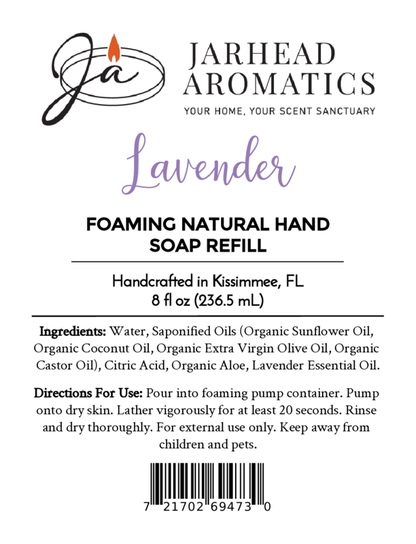 Product label for Jarhead Aromatics Lavender Handmade Foaming Natural Hand Soap, showing ingredients, usage directions, and a barcode.