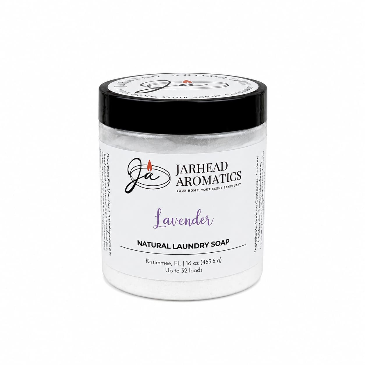 Jarhead Aromatics’ Lavender Handmade Natural Laundry Soap is a powdered detergent with lavender essential oil, crafted in Kissimmee, FL. Packaged in a white 16 oz container with a sleek black lid and labeled “Lavender,” this natural laundry soap is effective for up to 32 loads.