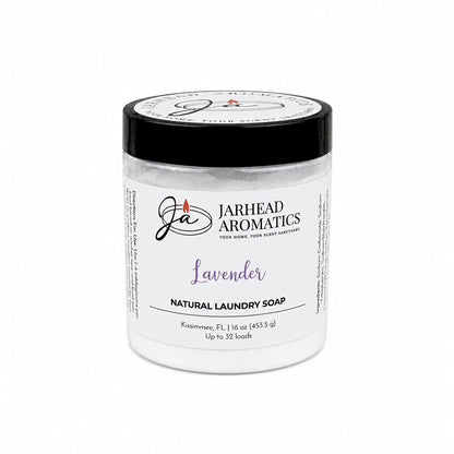 Jarhead Aromatics’ Lavender Handmade Natural Laundry Soap is a powdered detergent with lavender essential oil, crafted in Kissimmee, FL. Packaged in a white 16 oz container with a sleek black lid and labeled “Lavender,” this natural laundry soap is effective for up to 32 loads.
