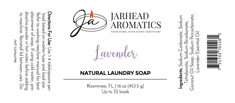 Jarhead Aromatics Lavender Handmade Natural Laundry Soap label featuring directions, ingredients, net weight (16 oz), Kissimmee, FL location, barcode, and brand logo. This powdered detergent with lavender essential oil prominently highlights “Lavender” and states “Up to 32 loads.” Perfect as a handmade detergent powder, it provides a gentle clean for every wash.