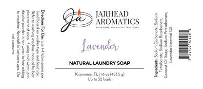 Jarhead Aromatics Lavender Handmade Natural Laundry Soap label featuring directions, ingredients, net weight (16 oz), Kissimmee, FL location, barcode, and brand logo. This powdered detergent with lavender essential oil prominently highlights “Lavender” and states “Up to 32 loads.” Perfect as a handmade detergent powder, it provides a gentle clean for every wash.